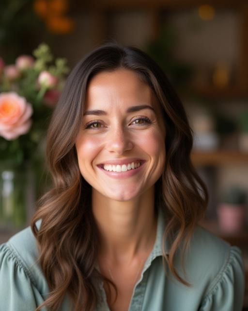 Ritratto della fondatrice di Sapore Floreale, sorridente nel suo atelier.