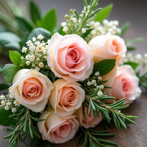 Un bouquet di fiori di campo e rose con rametti di rosmarino.