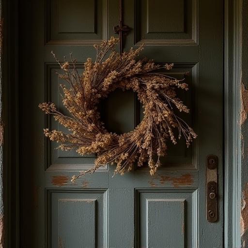 Una corona di fiori secchi appesa a una porta di legno antico.