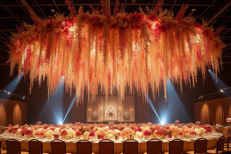 Una grande installazione floreale sospesa sopra un tavolo da banchetto.