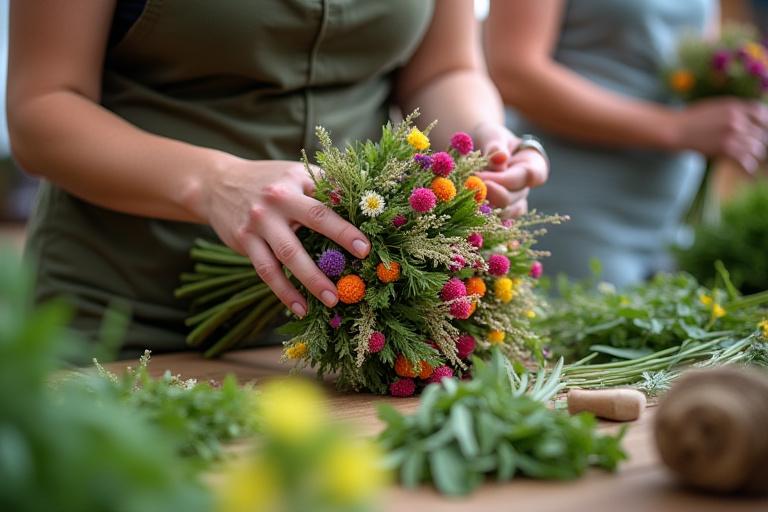 Donna che crea un bouquet aromatico durante un laboratorio.